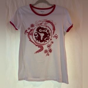 Mulan, Mushu rare Disney character t-shirt, ringer, flocked design, Medium